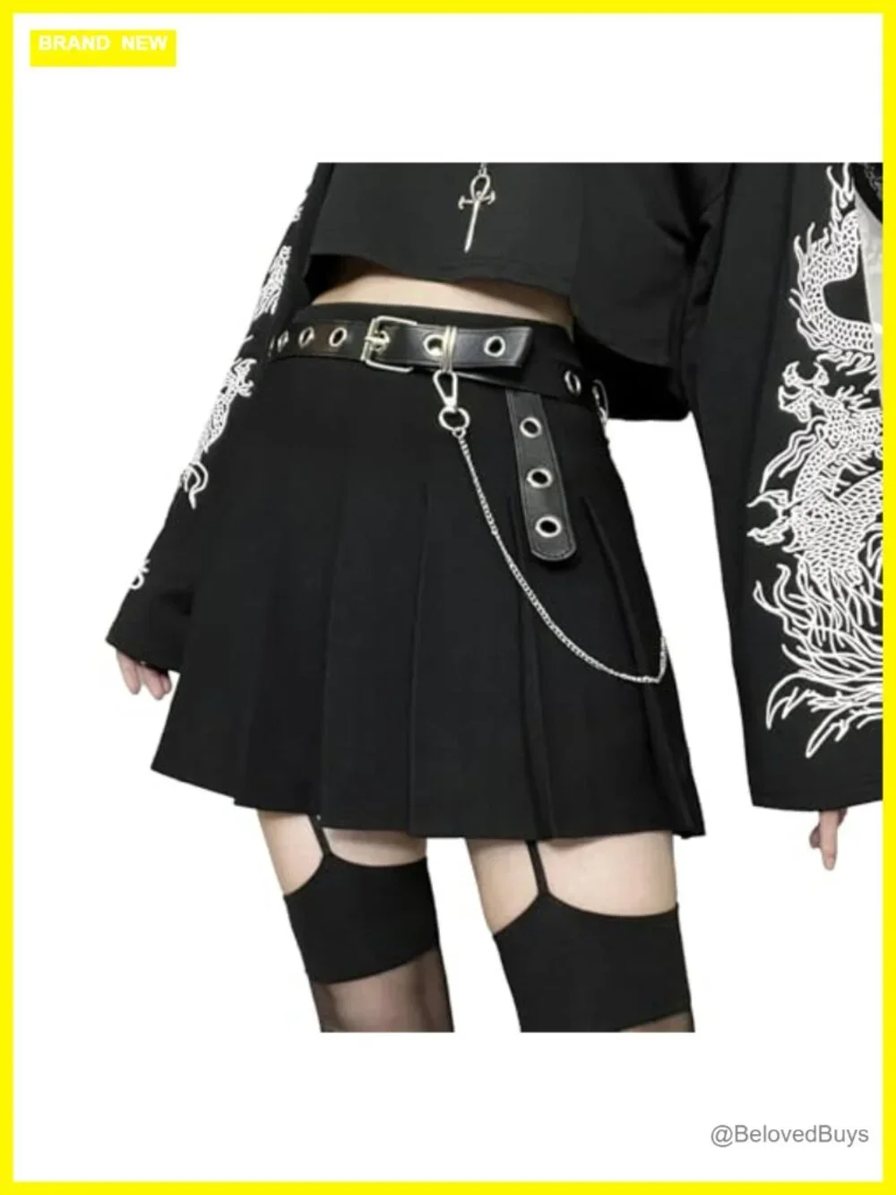Pleated Mini Skort with Belt High Waist A-Line Goth Punk Y2K School Skirt